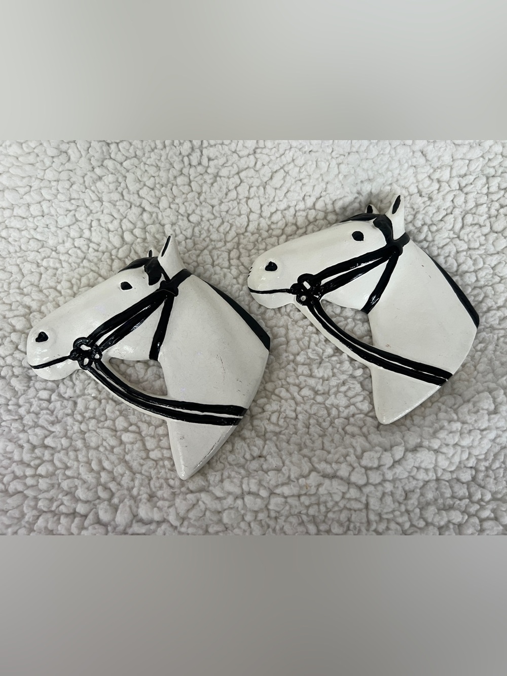 2, Vintage painted chalkware/plaster horse head plaques, hanging,white/black, 6”